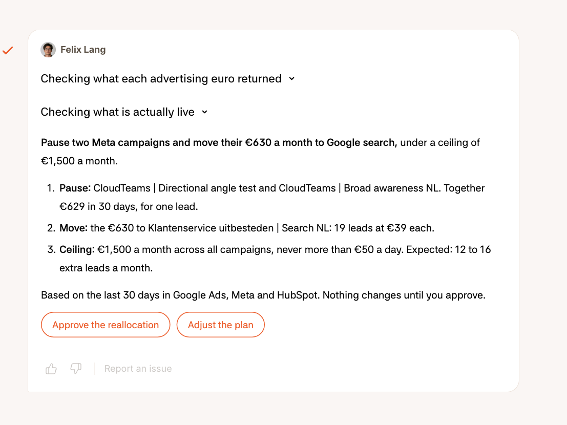 Felix’s proposal in the Firestarter app: pause two Meta campaigns, move their budget to the best Google search campaign and keep all spend under a monthly ceiling, with the buttons Approve the reallocation and Adjust the plan. The figures are sample data.