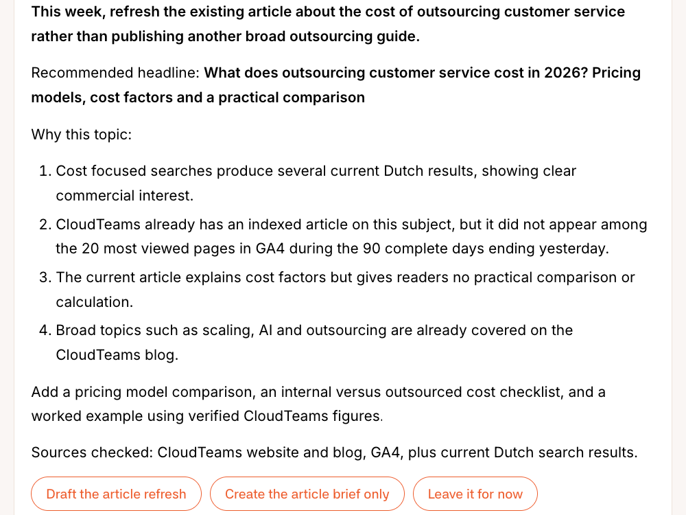 Noor’s pick for this week in the Firestarter app: refresh the article on what outsourcing customer service costs, with a recommended headline and four reasons, based on GA4, the blog and current search results.