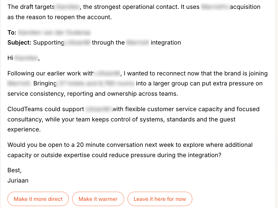 A first email drafted by Vera in the Firestarter app, with who it goes to, why, and the buttons Make it more direct, Make it warmer and Leave it here for now. The contact, the companies and the figures are blurred.