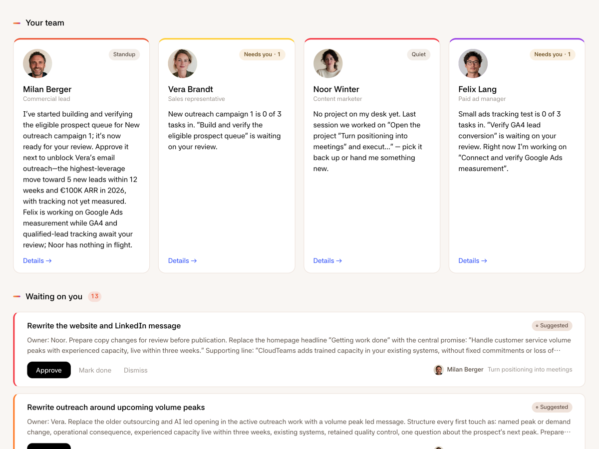 The Pulse screen in the Firestarter app: Milan, Vera, Noor and Felix each have a card with what they are doing and a status (Standup, Needs you, Quiet), above the list of items waiting on you.