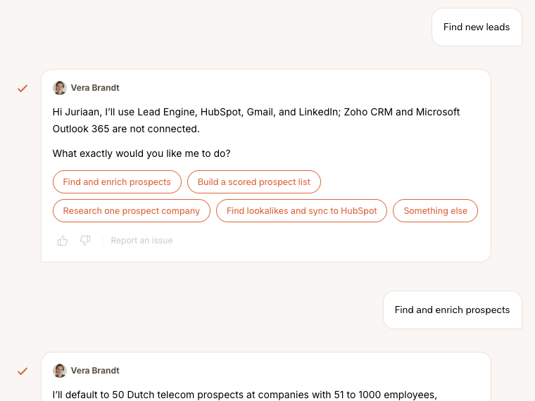 Vera in the Firestarter app: she works with Lead Engine, HubSpot, Gmail and LinkedIn, and offers to find and enrich prospects, build a scored list, research a company or find lookalikes.