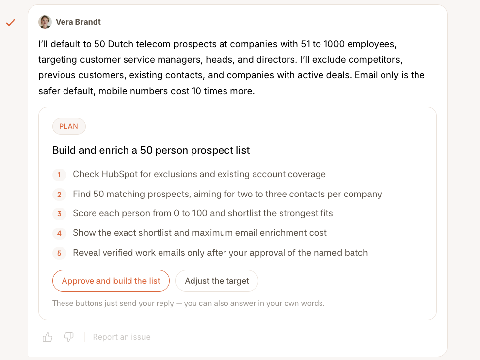 Vera’s plan in the Firestarter app: build and enrich a 50 person prospect list in five steps, with the buttons Approve and build the list and Adjust the target.